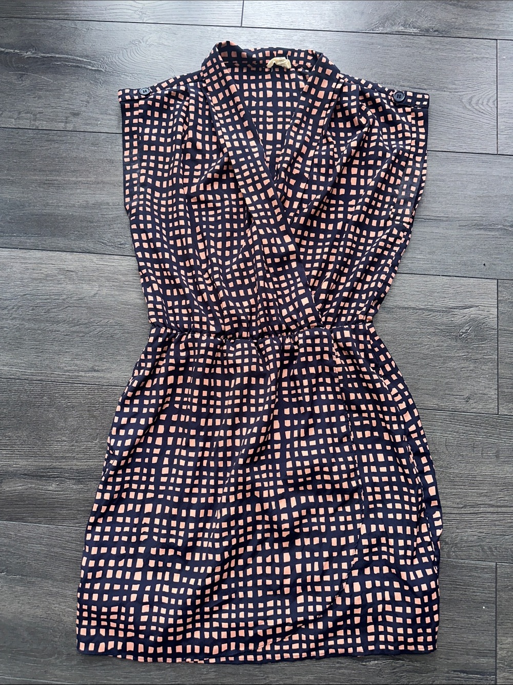 Maison Jules Navy and Blush Grid Print Mini Dress